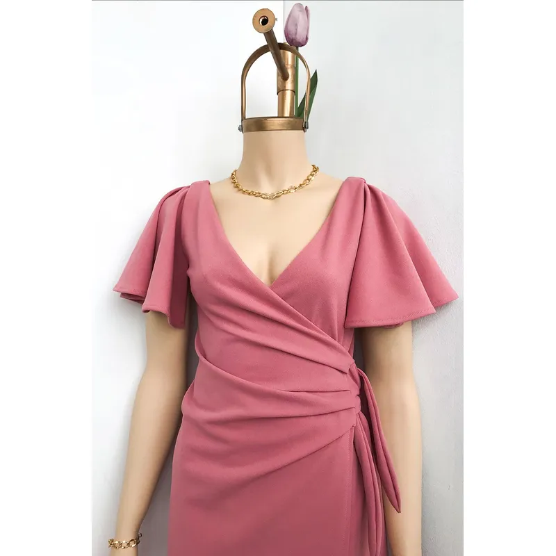 GENERICO - Vestido Coctel Cruzado Manga Removible Tana Palo Rosa Estacion 108