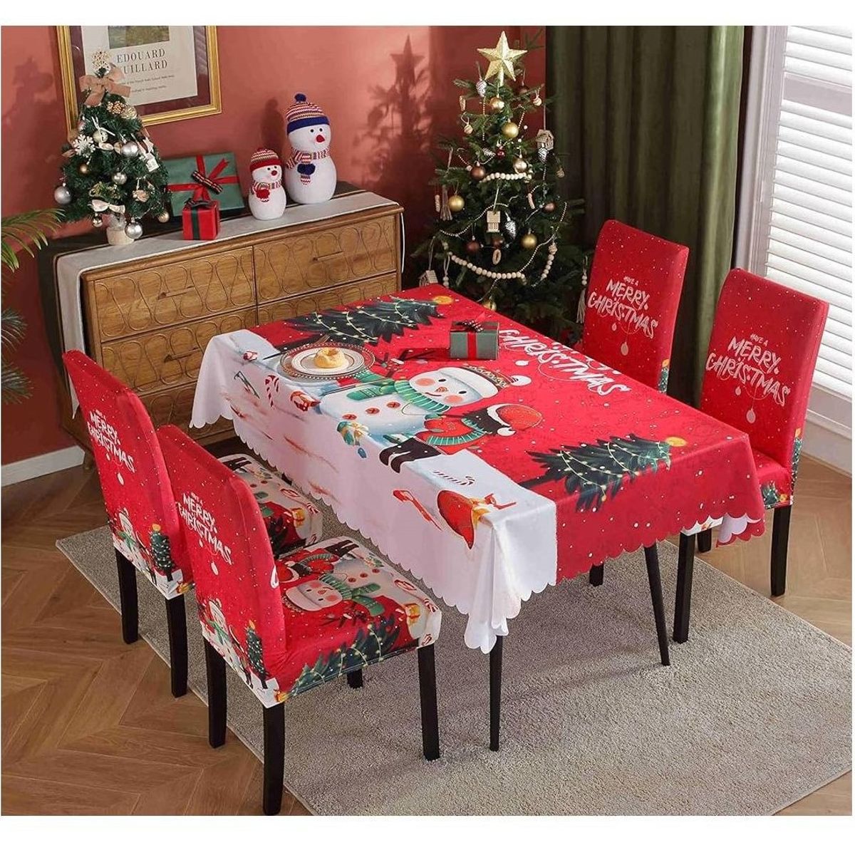 GENERICO - Mantel Navideño + 06 Forros Funda De Silla Decoración Navidad Pack 7unds