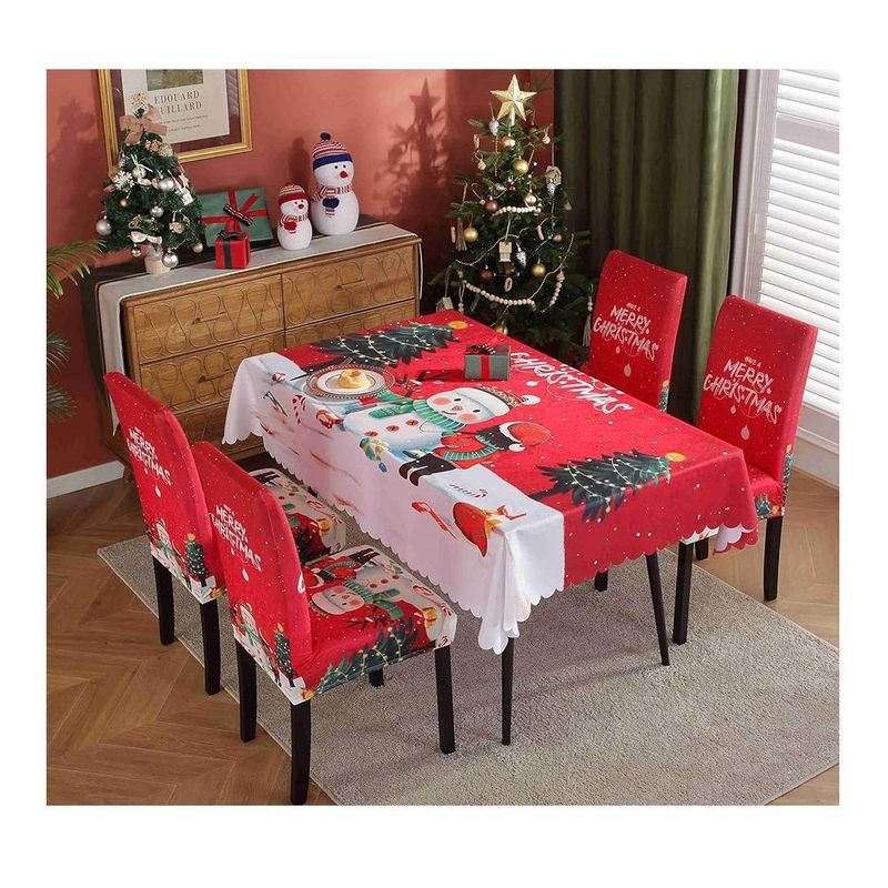GENERICO - Mantel Navideño + 06 Forros Funda De Silla Decoración Navidad Pack 7unds