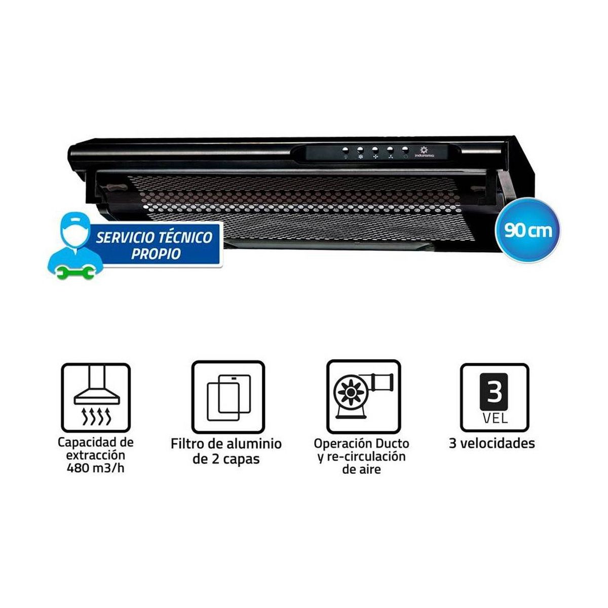 INDURAMA - Campana extractora Indurama 90 cm 3 Velocidades CEI-902NE