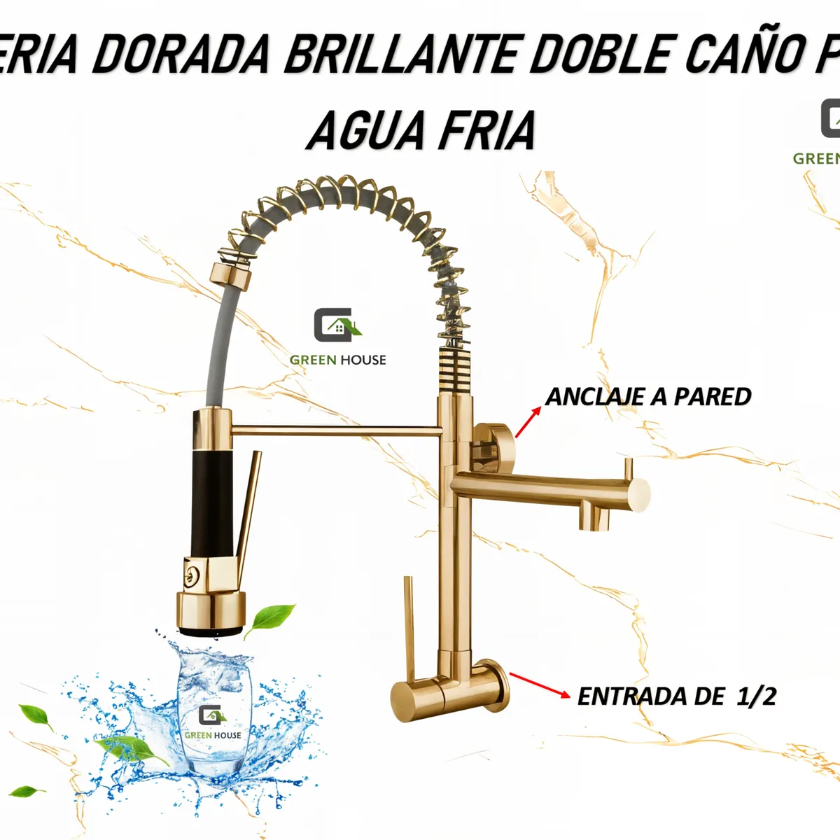 GREEN HOUSE - GRIFERIA  PARED  RESORTE DOBLE DORADO  BRILLANTE AGUA FRIA