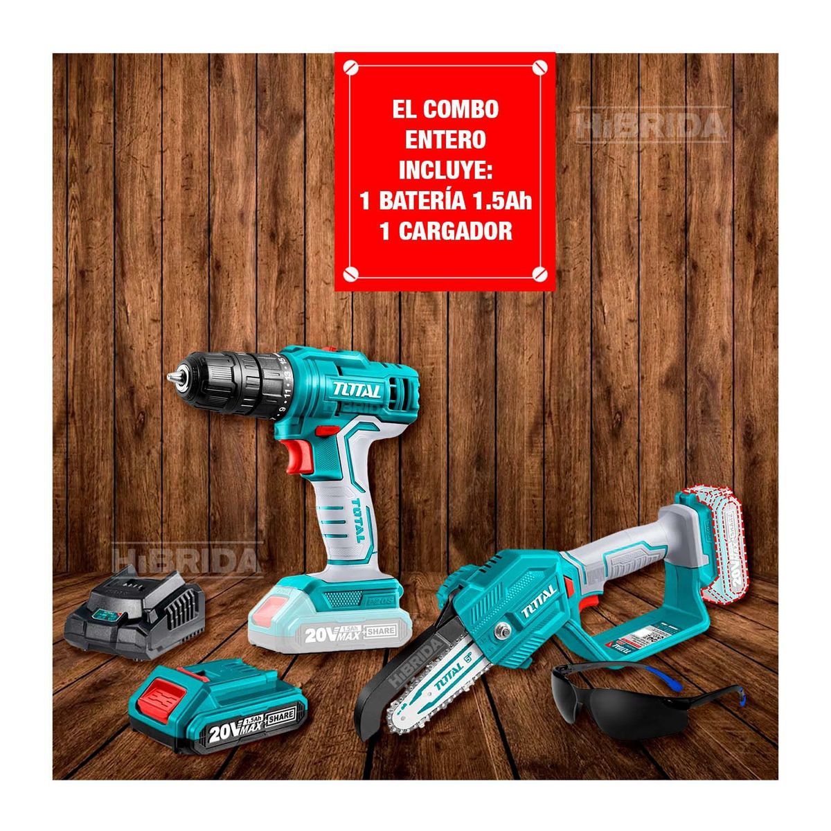 TOTAL TOOLS - Taladro Atornillador 20v + Motosierra Inalámbrica Total