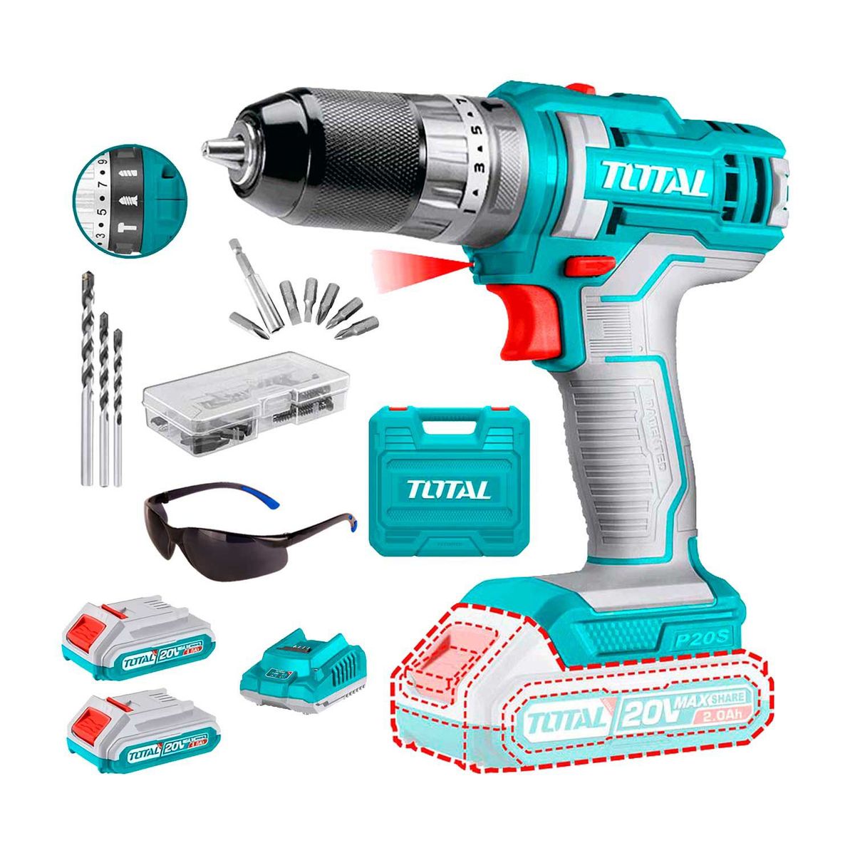TOTAL TOOLS - TALADRO ATORNILLADOR PERCUTOR INALÁMBRICO TOTAL 20V PUNTAS