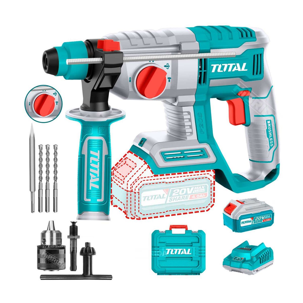 TOTAL TOOLS - TALADRO ROTOMARTILLO PERCUTOR 20V TOTAL ADAPTADOR CONCRETO