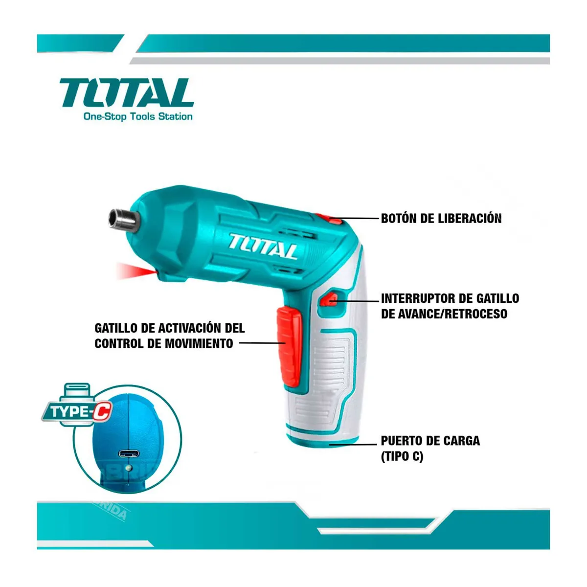TOTAL TOOLS - Atornillador Inalambrico 4v Destornillador Mini Total Carga tipo C