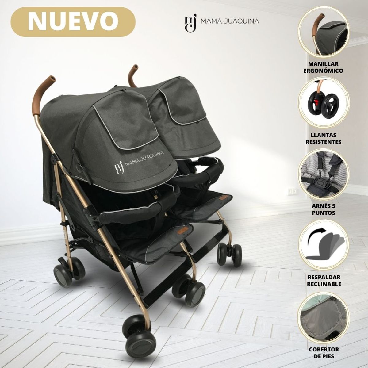 EBABY - Coche Cuna Bastón Mellicero «EBABY GOLD» Gray