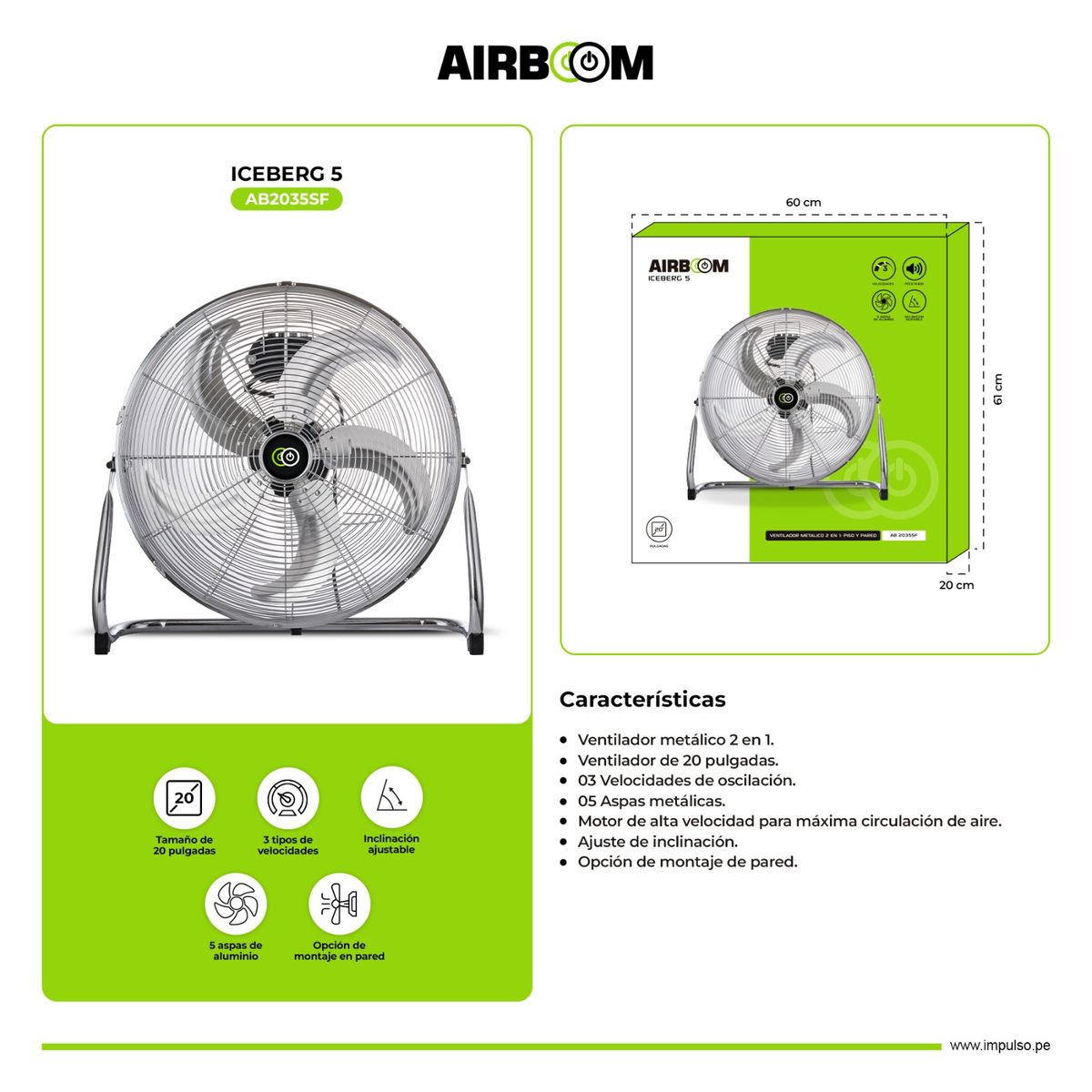GENERICO - Ventilador de piso de 20 pulgadas AIRBOOM 120 Watts