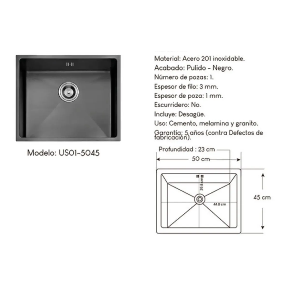 GENERICO - LAVADERO DE COCINA XM US01-5045 NEGRO 1 POZA