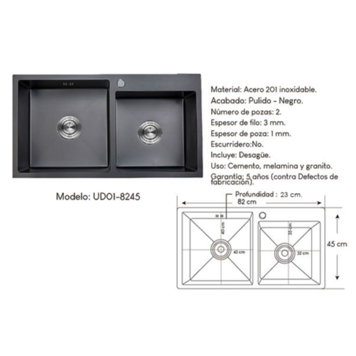 GENERICO - Lavadero De Cocina 2 Pozas De Acero Negro Mate