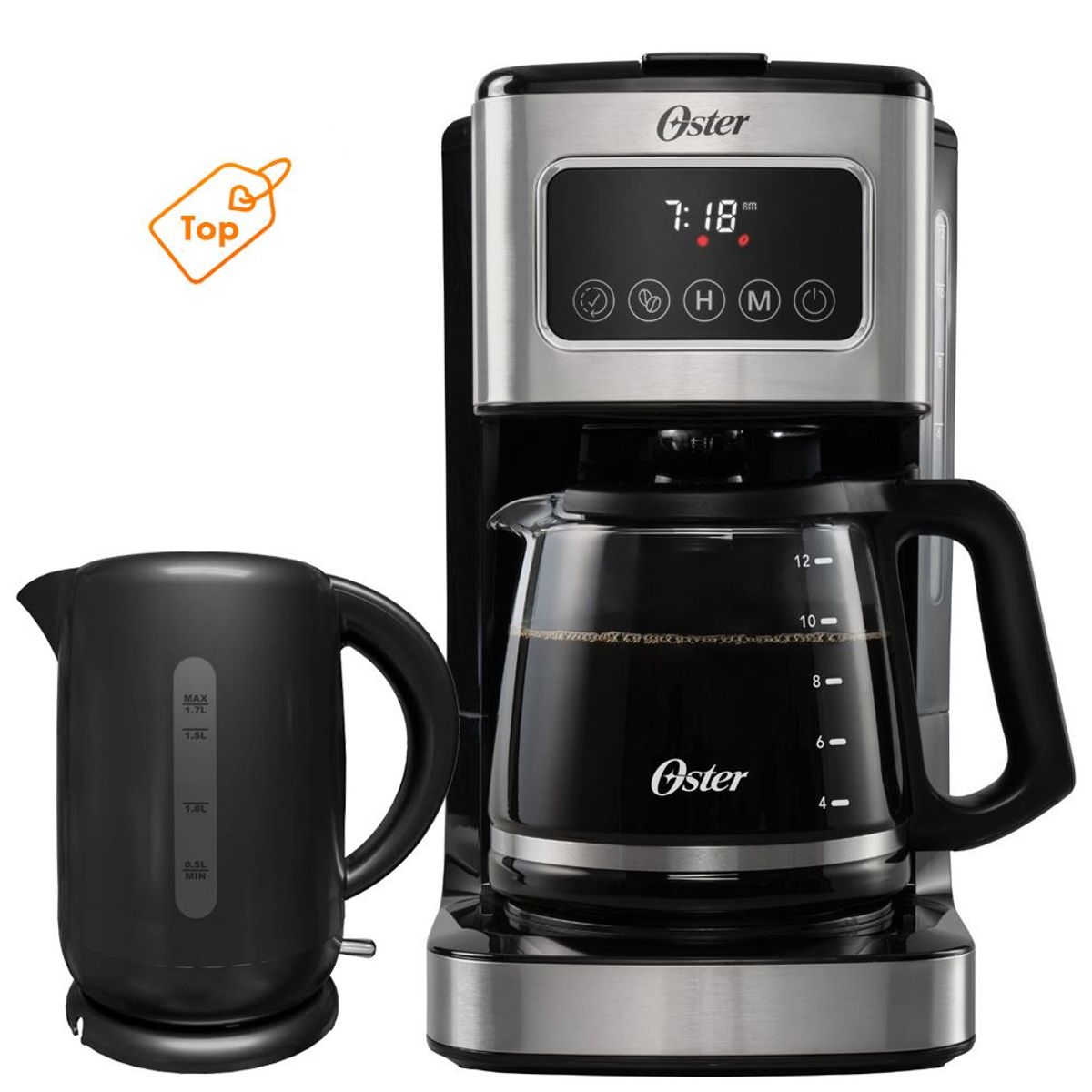 OSTER - Cafetera Oster 12 Tazas Con Pantalla Táctil mas Hervidor Electrico