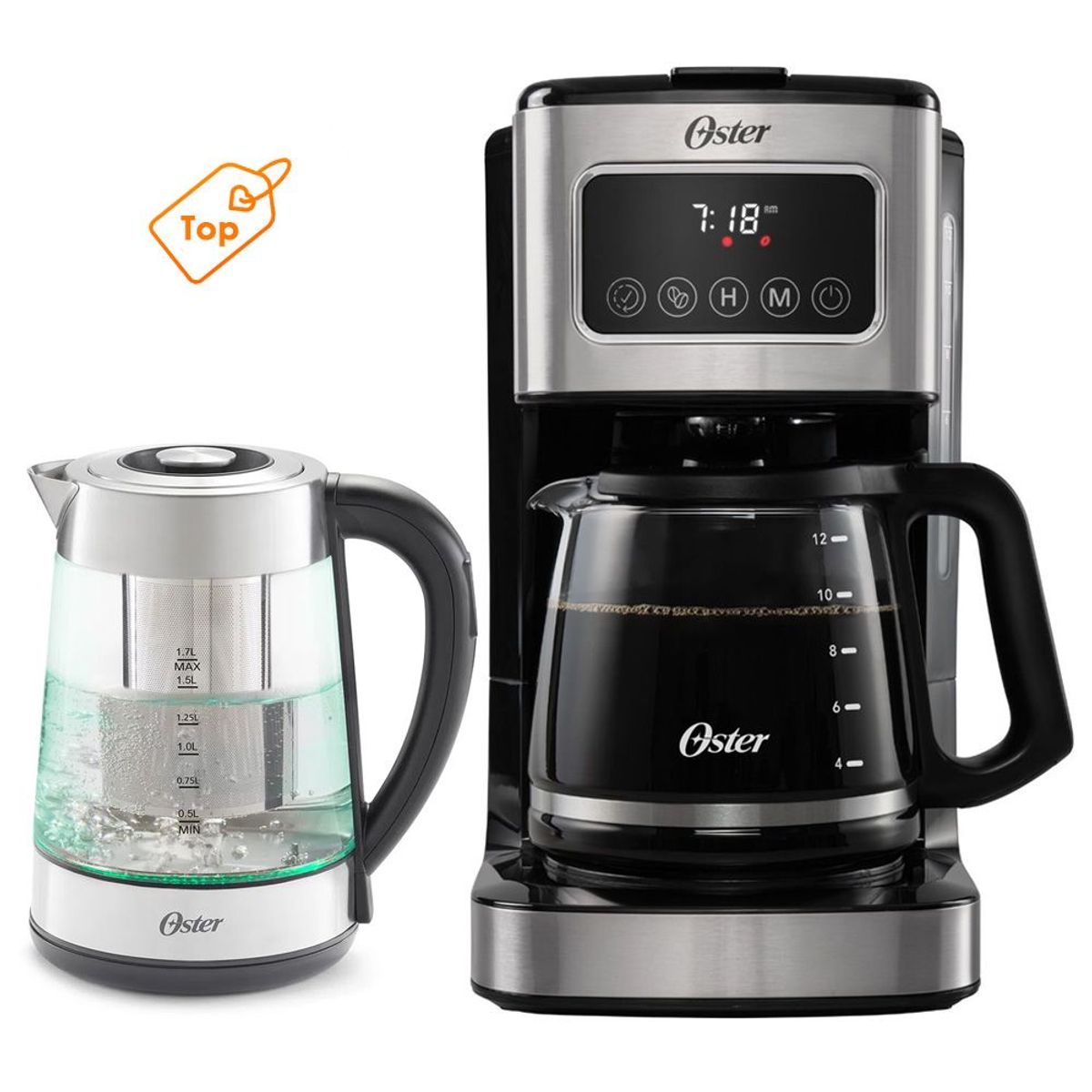 OSTER - Cafetera Oster Con Pantalla Táctil de 12 Tazas mas Hervidor de Vidrio