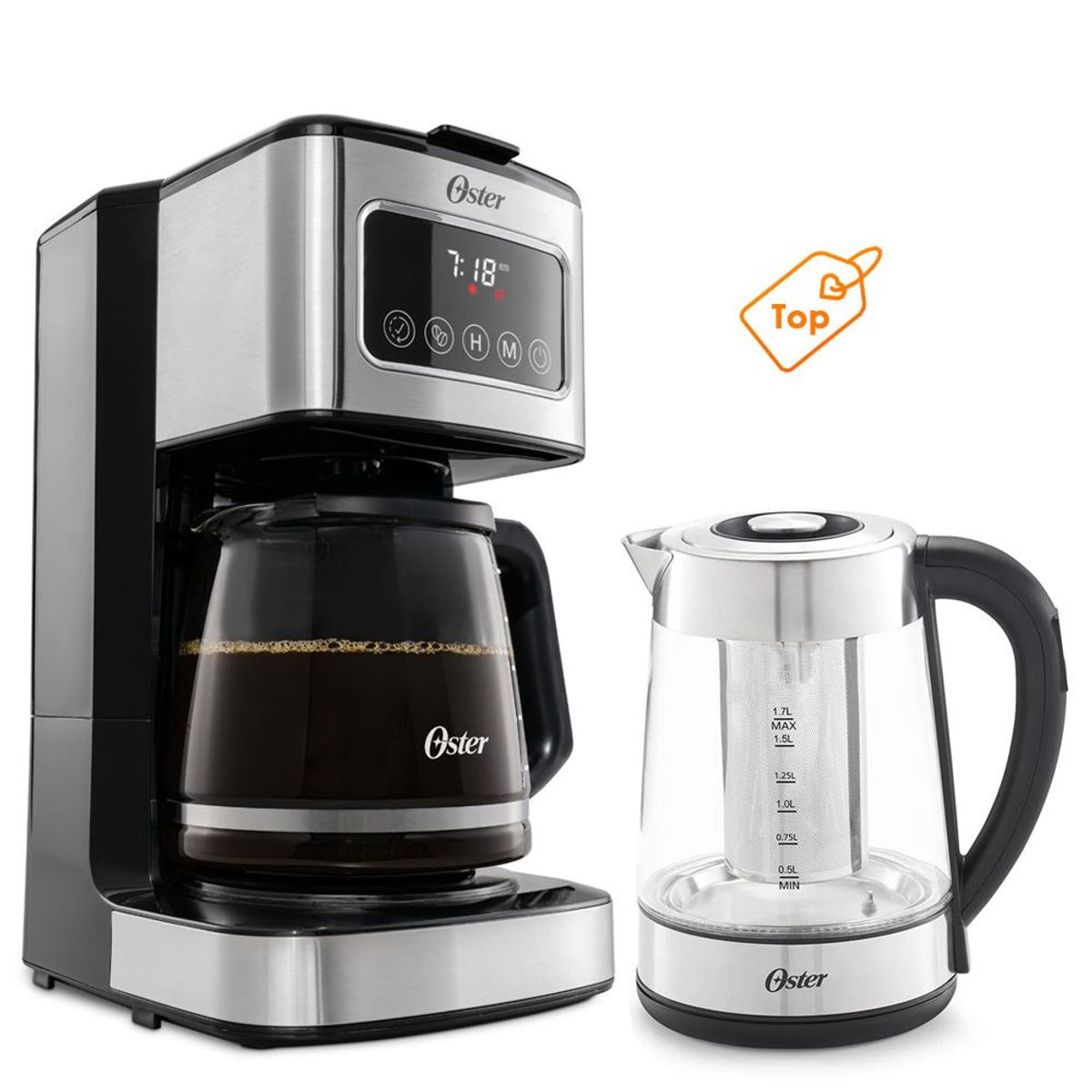 OSTER - Cafetera Oster Con Pantalla Táctil de 12 Tazas mas Hervidor de Vidrio