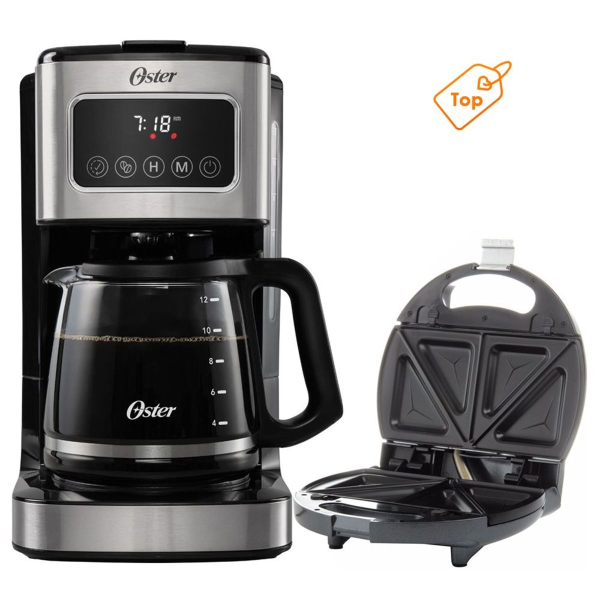 OSTER - Cafetera Programable Oster de 12 Tazas mas Sanguchera y Waflera