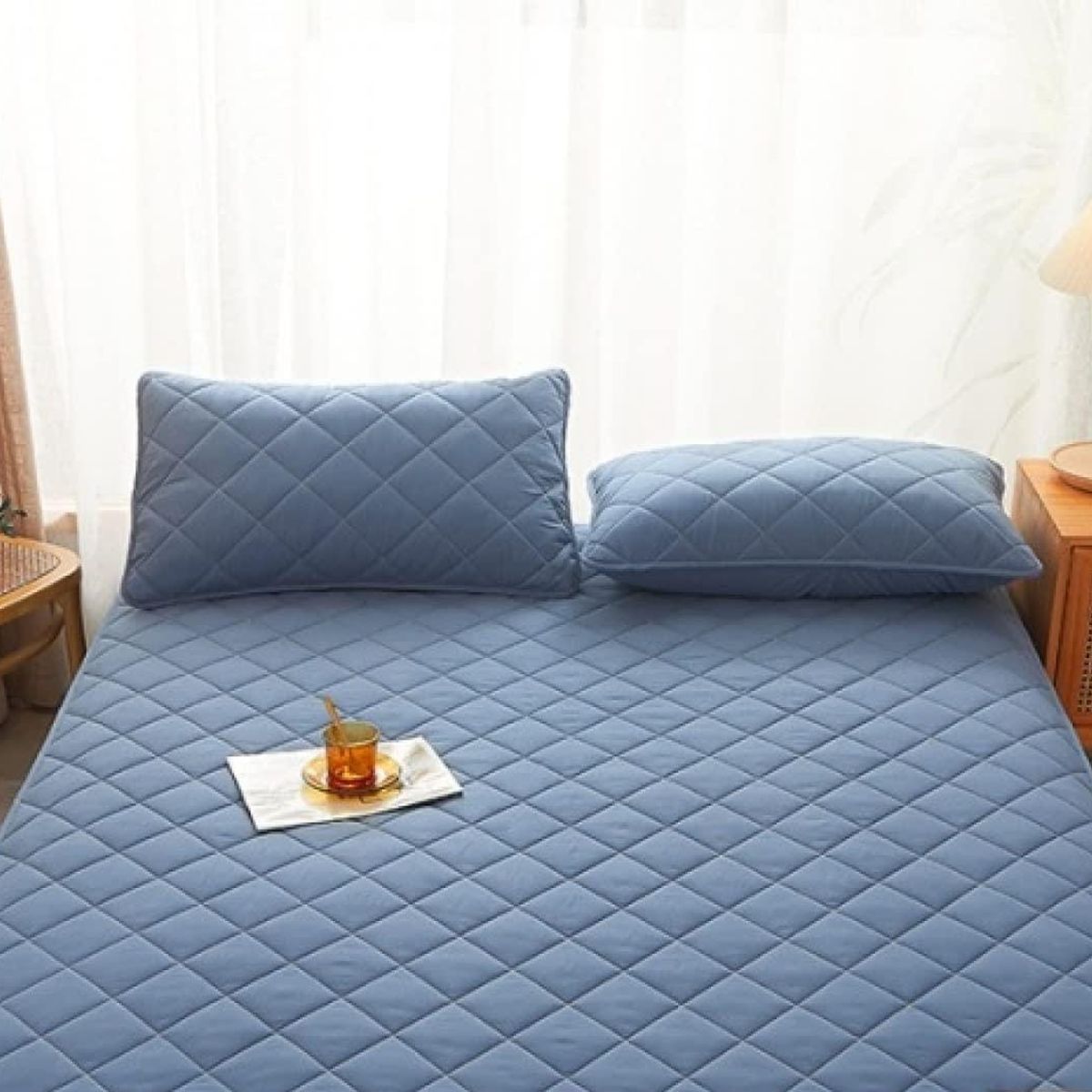 GENERICO - PROTECTOR DE COLCHÓN IMPERMEABLE ANTIÁCAROS AZUL ACERO QUEEN   DYV