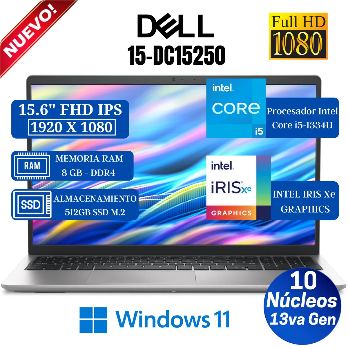 DELL - Laptop Dell DC15250 15.6" FHD IPS, Intel Core i5-1334U- 13va Gen, Ram 8GB, 512GB SSD, Win 11 Pro