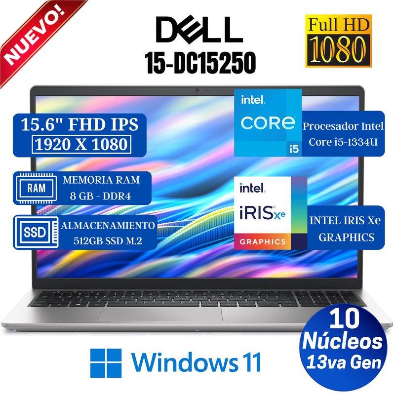 DELL - Laptop Dell DC15250 15.6" FHD IPS, Intel Core i5-1334U- 13va Gen, Ram 8GB, 512GB SSD, Win 11 Pro