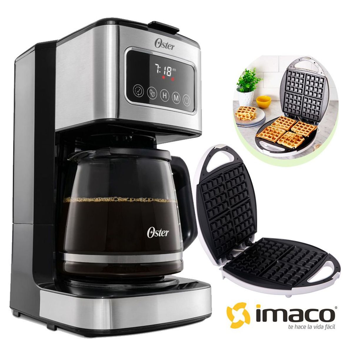 OSTER - Cafetera Oster Programable con Pantalla Táctil mas Waflera Imaco