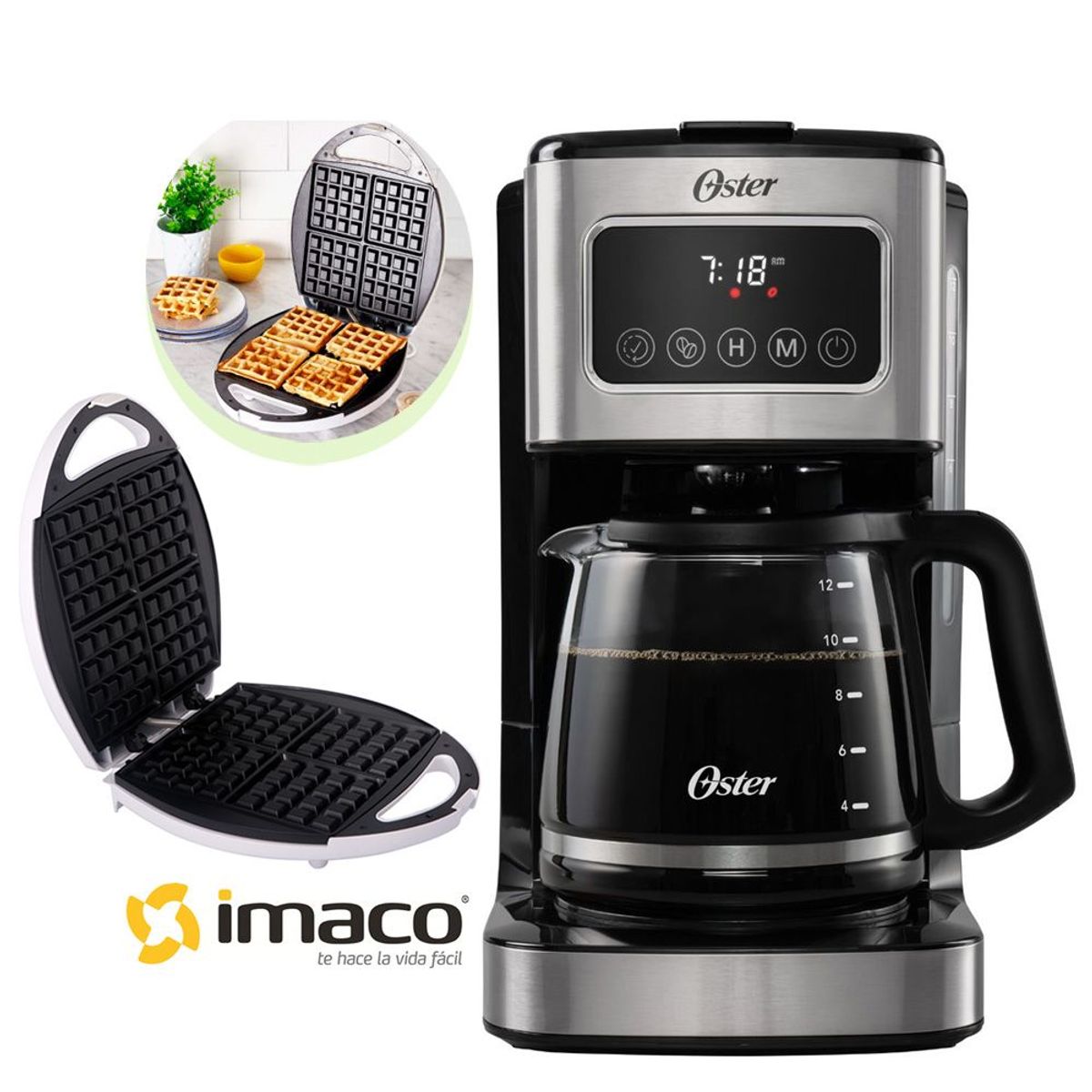 OSTER - Cafetera Oster Programable con Pantalla Táctil mas Waflera Imaco