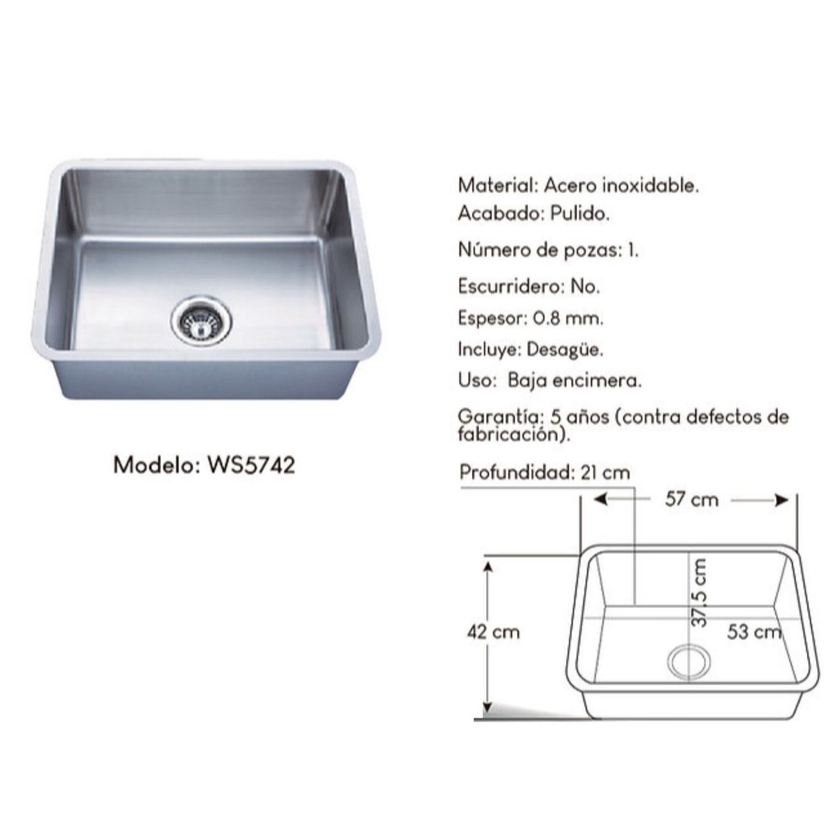 GENERICO - Lavadero Para Cocina Acero Inxodidable XM 57x42cm