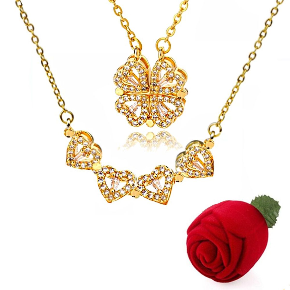 GENERICO - Collar Trébol Corazones  Acero  Inoxidable  Estuche Gratis