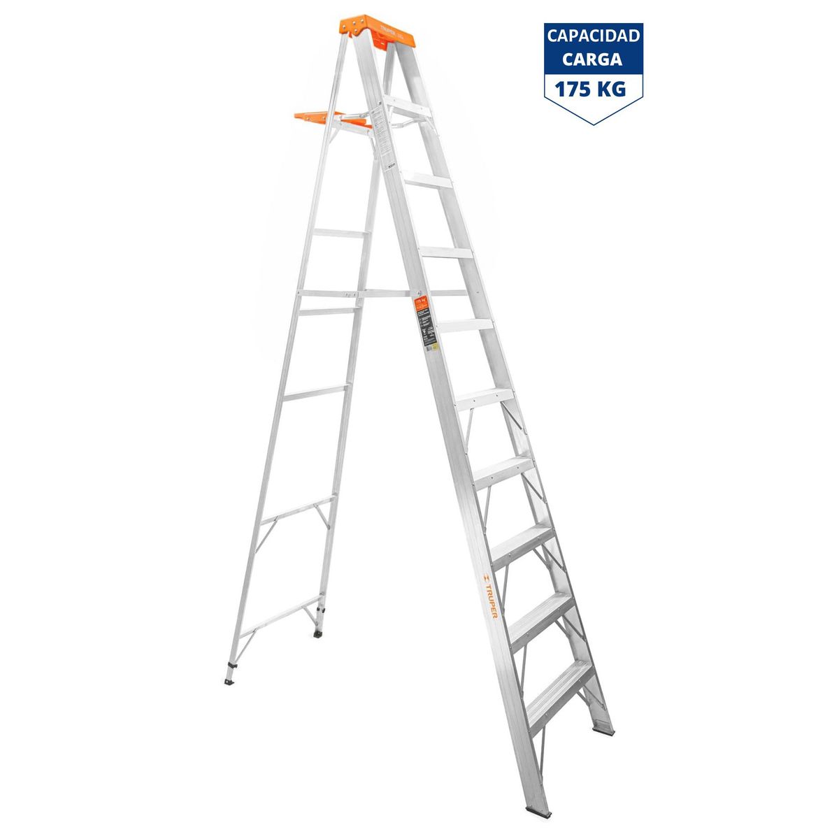 TRUPER - Escalera de tijera  9 peldaños con bandeja, soporta 175 kg, Truper