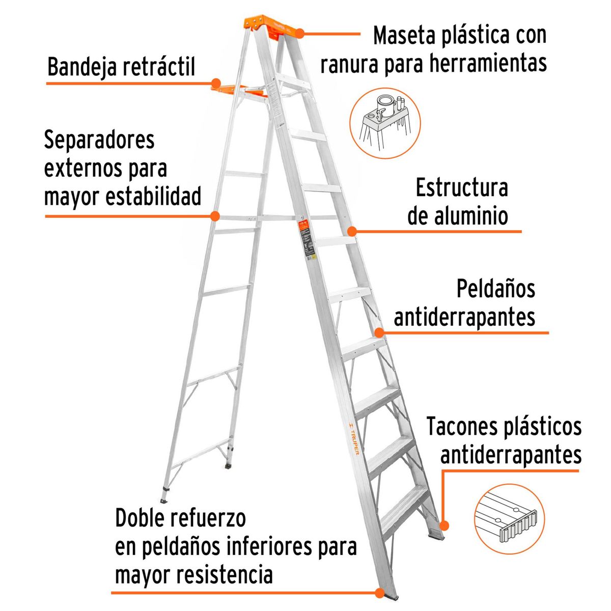 TRUPER - Escalera de tijera  9 peldaños con bandeja, soporta 175 kg, Truper