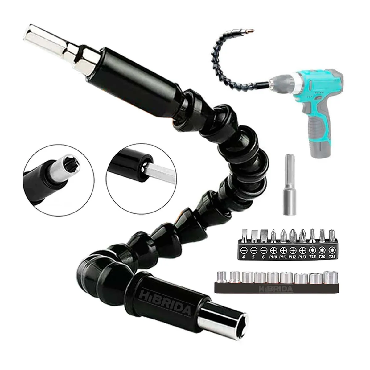 GENERICO - EXTENSOR FLEXIBLE PARA TALADRO MÁS ADAPTADOR Y DADOS - HBRD-FULL-SET