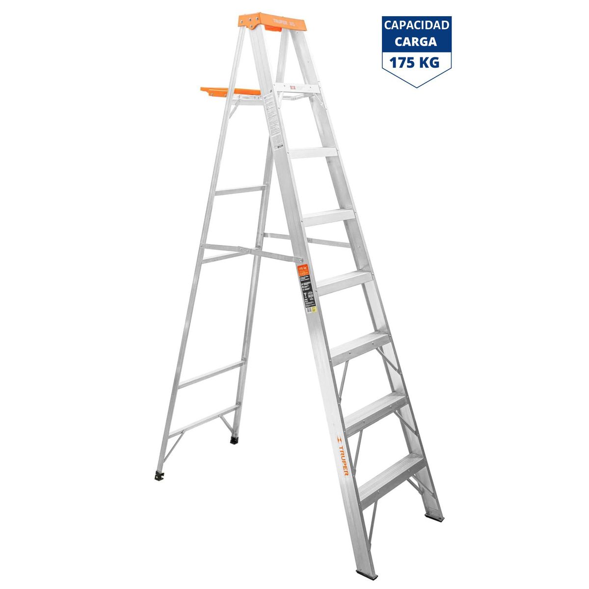 TRUPER - Escalera de tijera  7 peldaños con bandeja, soporta 175 kg, Truper