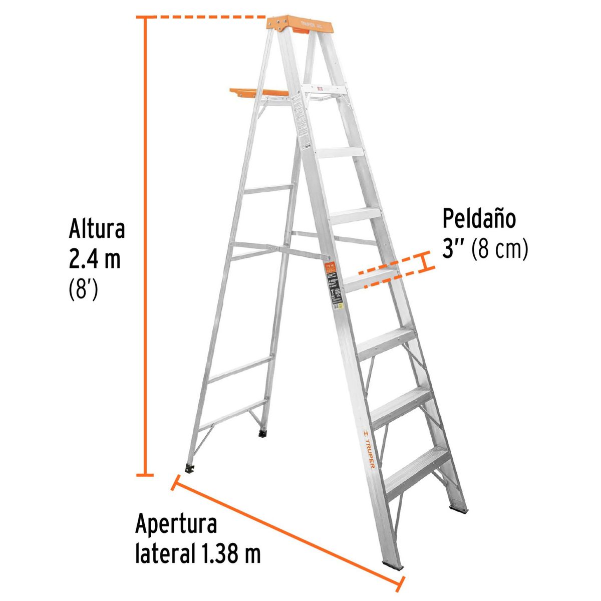 TRUPER - Escalera de tijera  7 peldaños con bandeja, soporta 175 kg, Truper