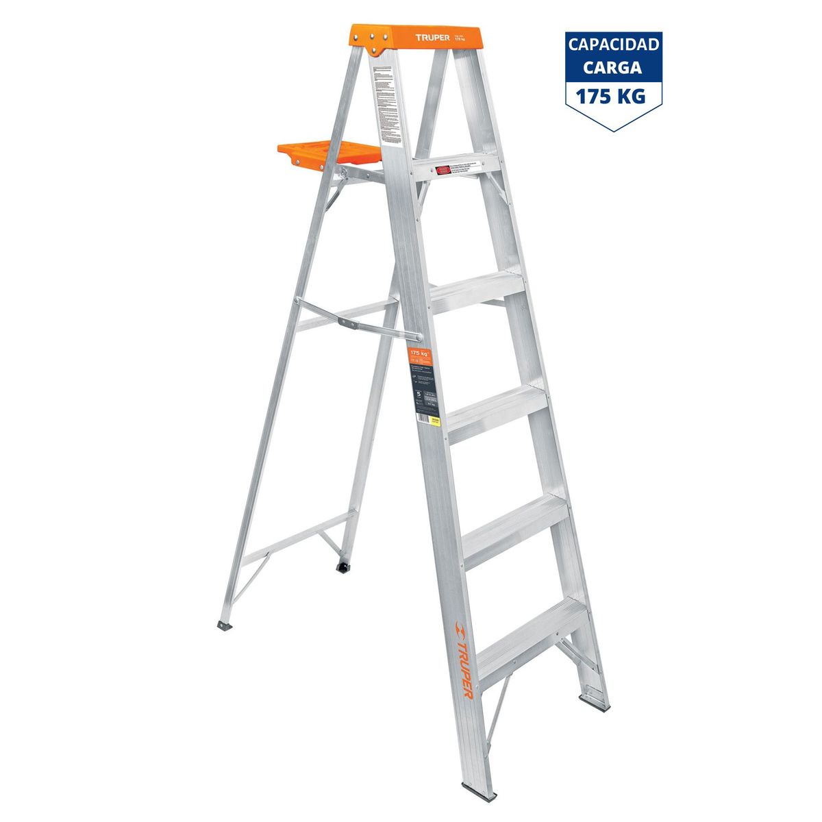 TRUPER - Escalera de tijera  5 peldaños con bandeja, soporta 175 kg, Truper
