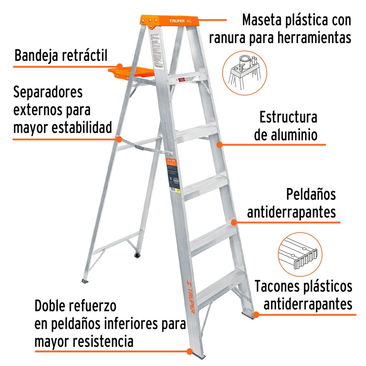 TRUPER - Escalera de tijera  5 peldaños con bandeja, soporta 175 kg, Truper
