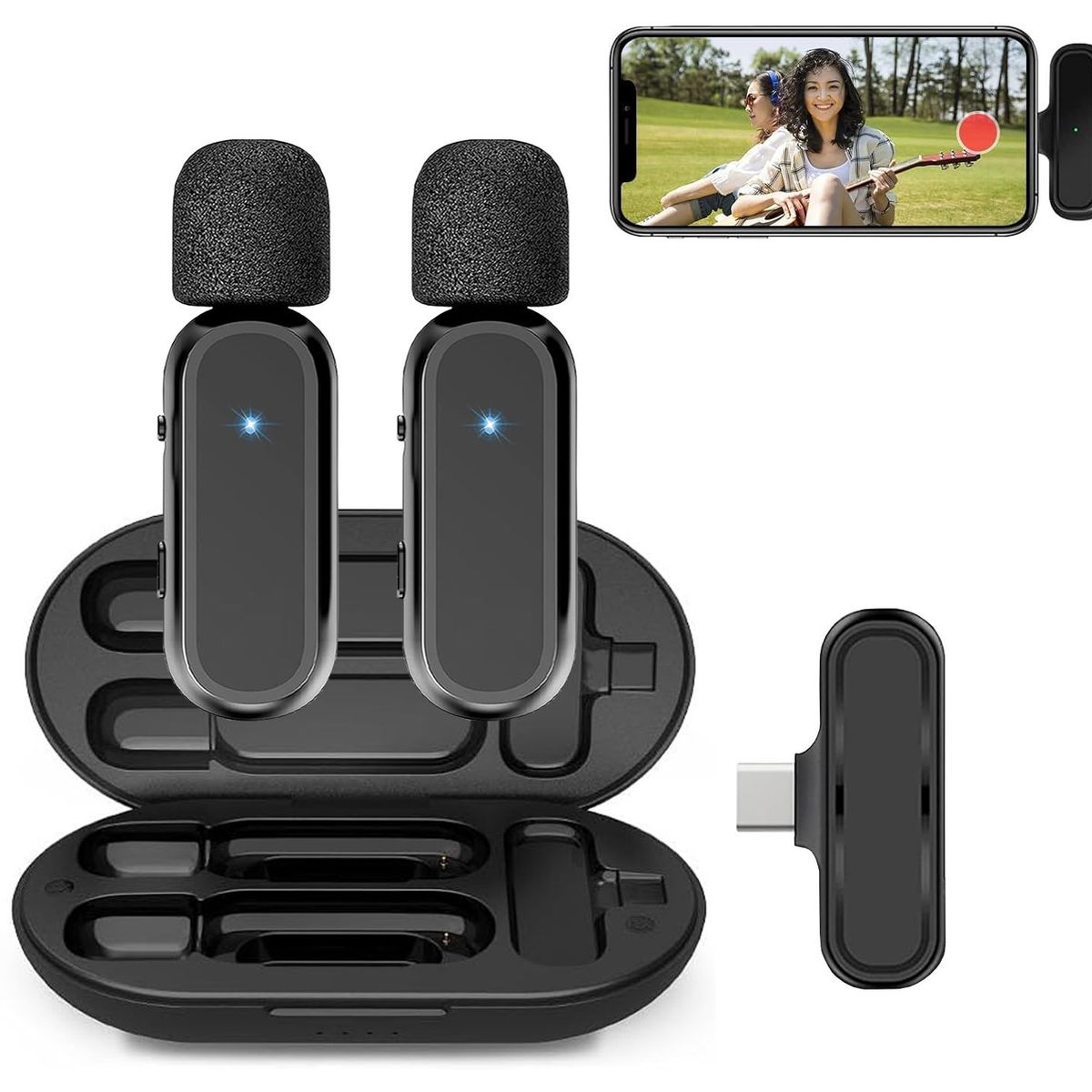 OEM - Micrófonos Inalámbricos Solaperos 2en1 K61 TipoC con Cargador Portátil