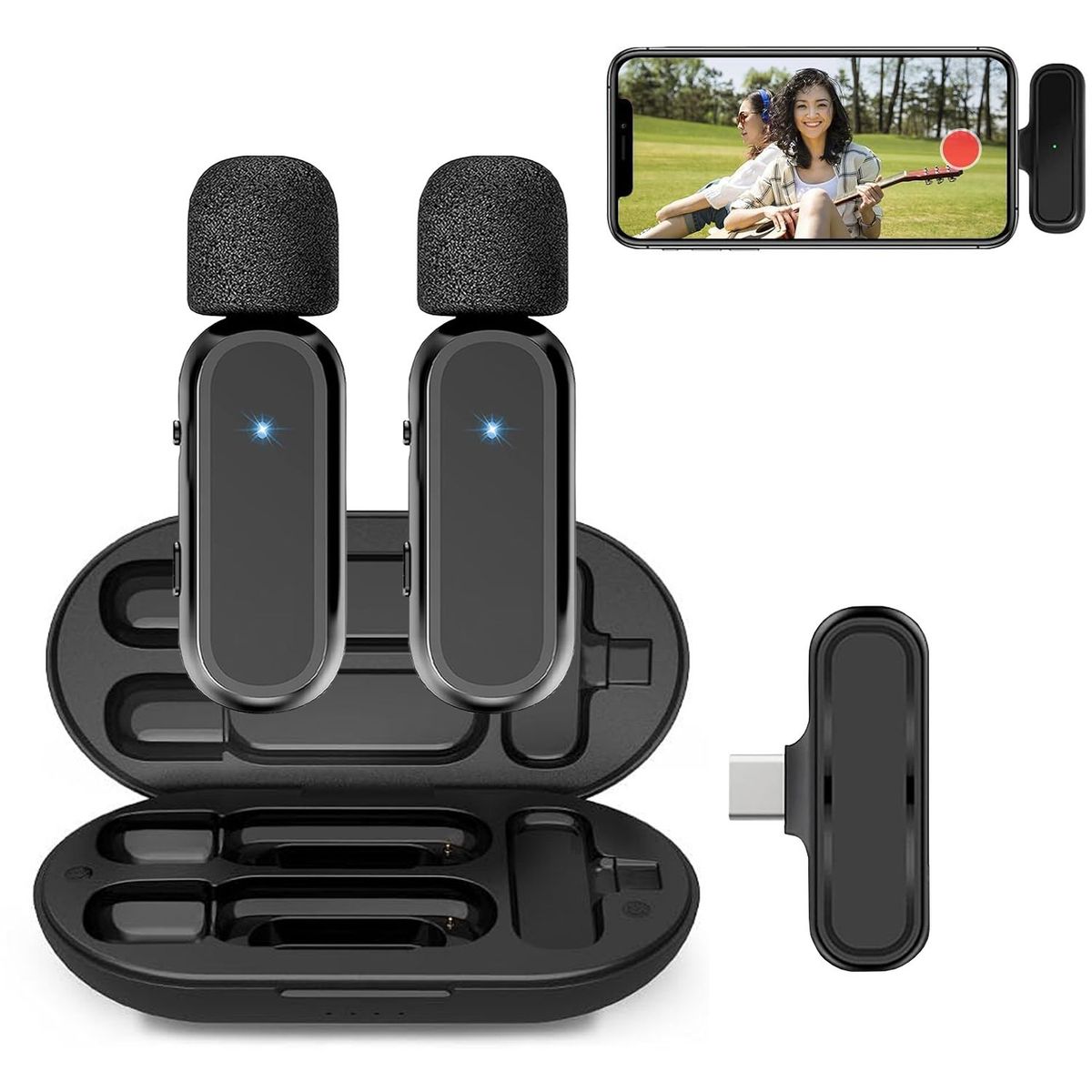 OEM - Micrófonos Inalámbricos Solaperos 2en1 K61 TipoC con Cargador Portátil
