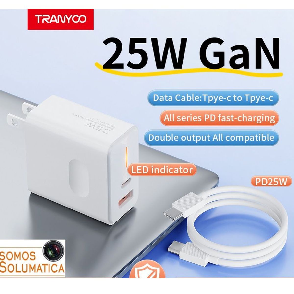 SEISA - Cargador Carga Rapida 25w - Dual USB y Tipo C - Tranyoo