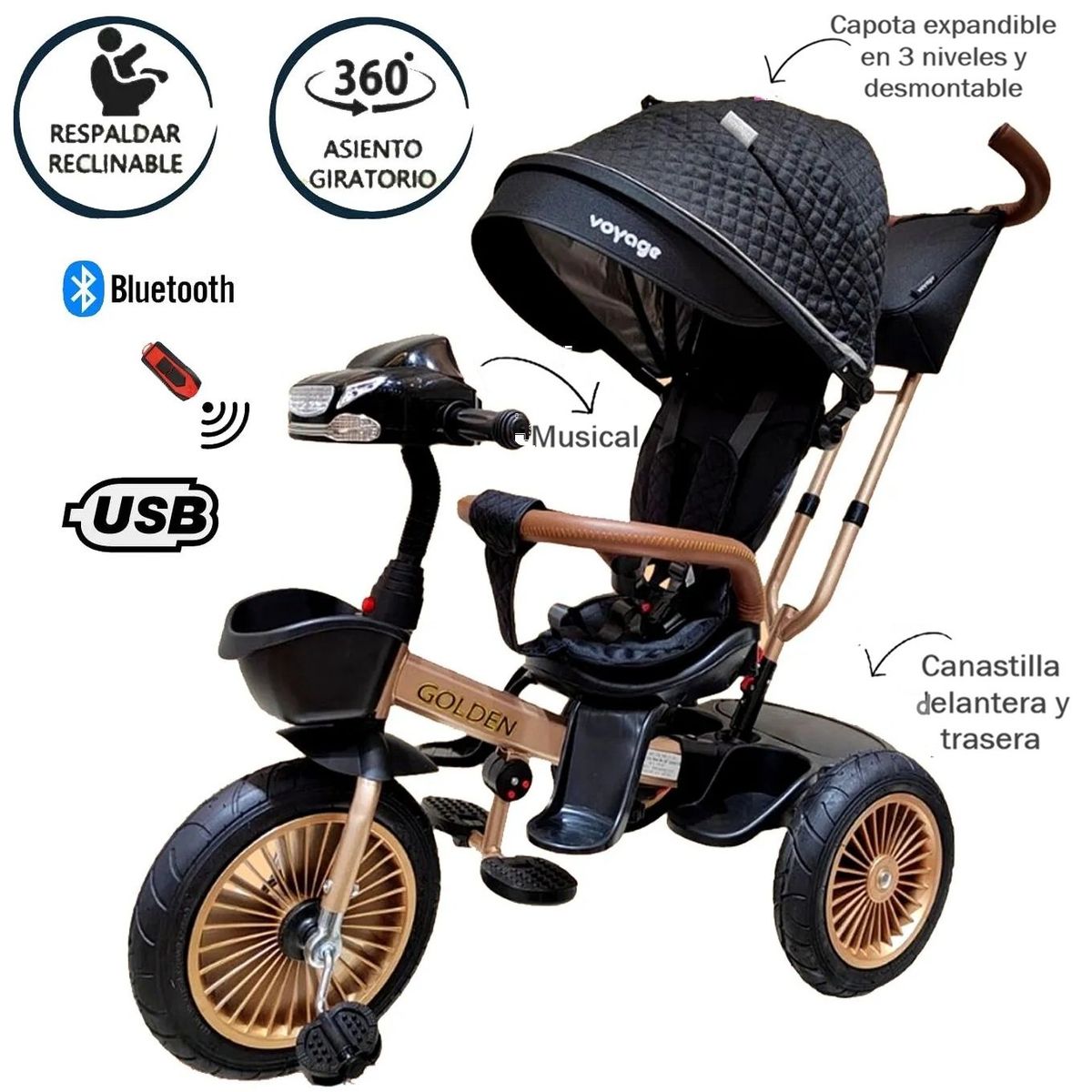 VOYAGE - Triciclo Golden Voyage Asiento Giratorio con Control Negro
