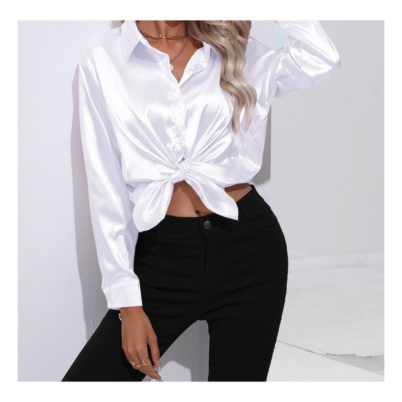 blusas mujer camisa casual con solapa de satén de seda para mujer