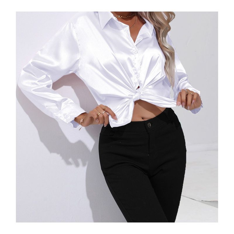 blusas mujer camisa casual con solapa de satén de seda para mujer