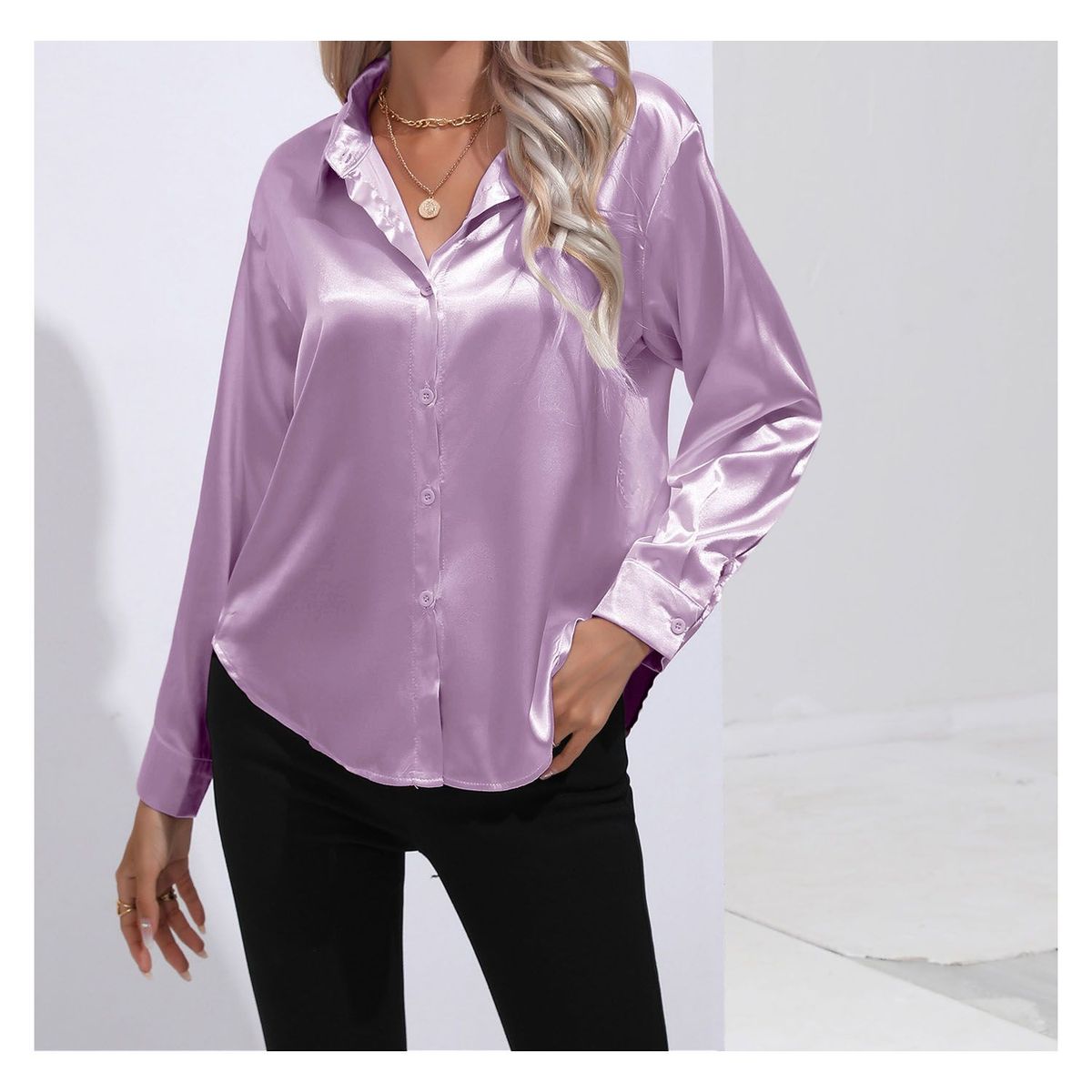 42AROZINA - blusas mujer camisa casual con solapa de satén de seda para mujer