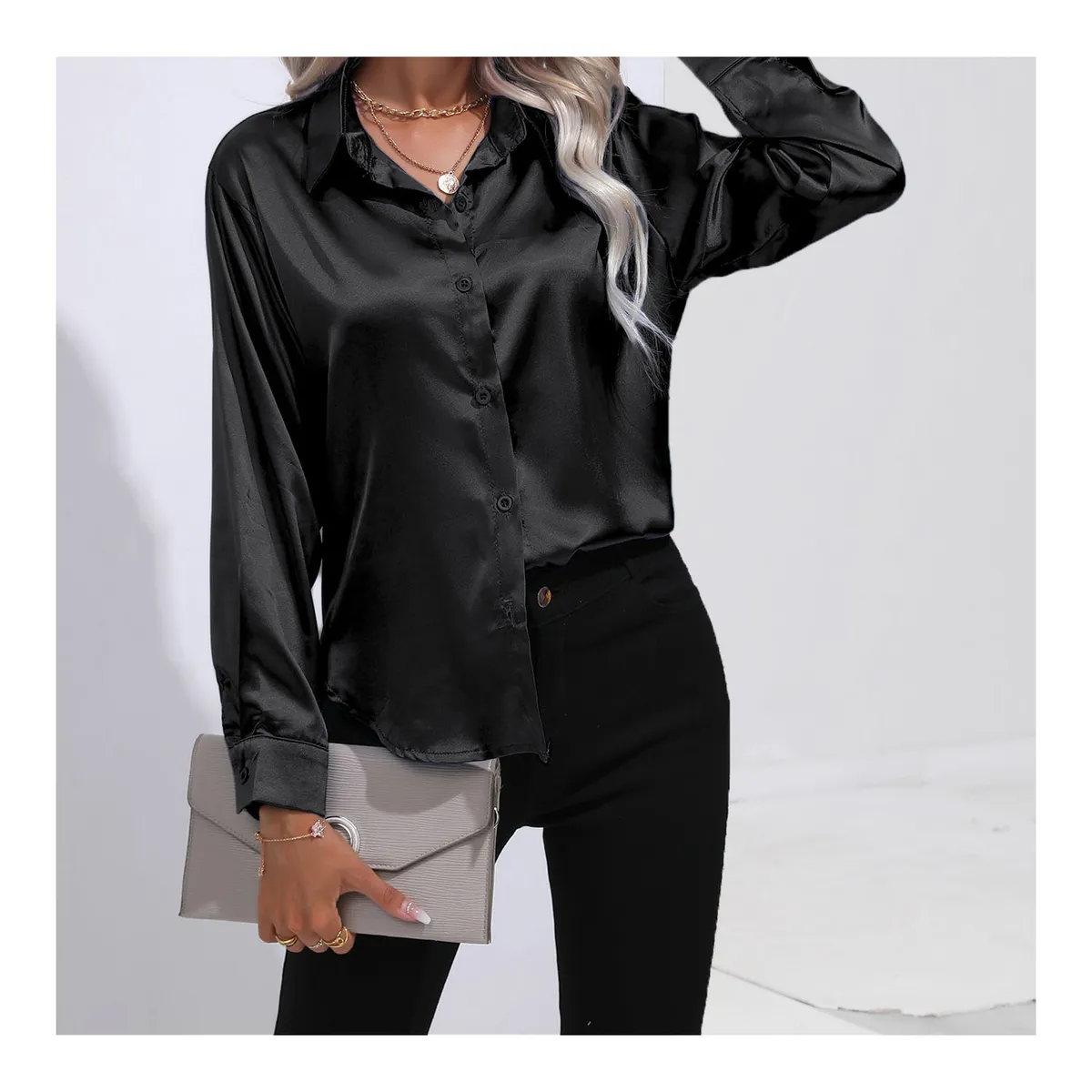 42AROZINA - blusas mujer camisa casual con solapa de satén de seda para mujer