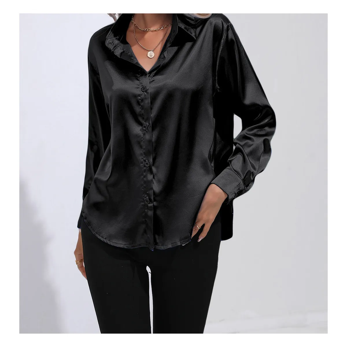 42AROZINA - blusas mujer camisa casual con solapa de satén de seda para mujer