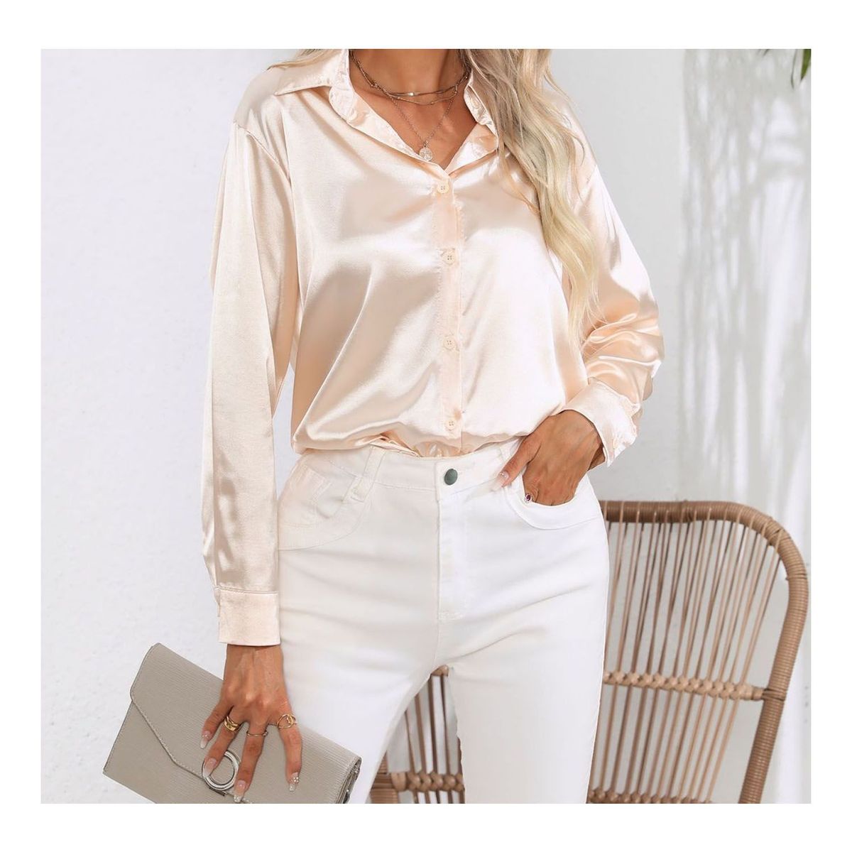 42AROZINA - blusas mujer camisa casual con solapa de satén de seda para mujer