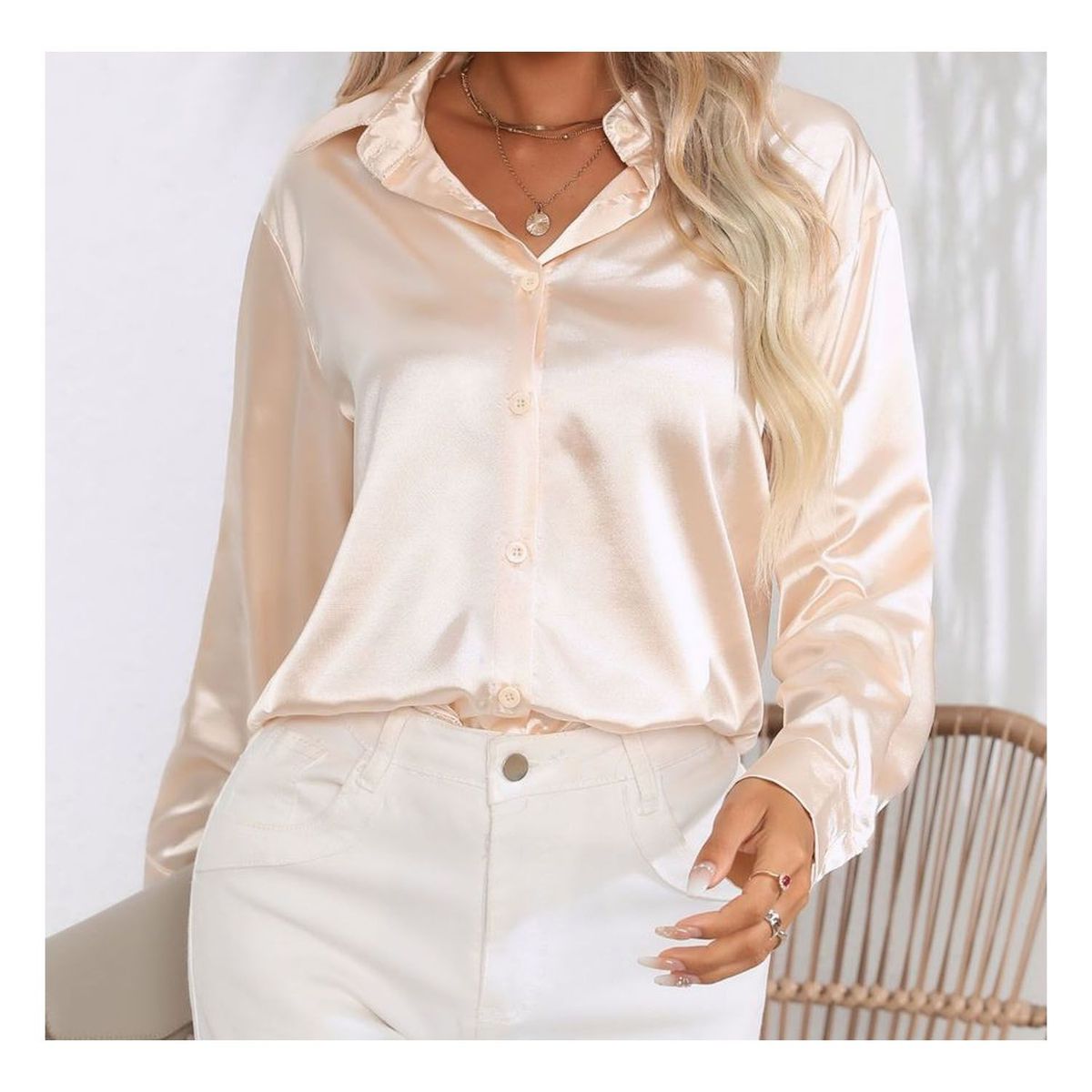 42AROZINA - blusas mujer camisa casual con solapa de satén de seda para mujer