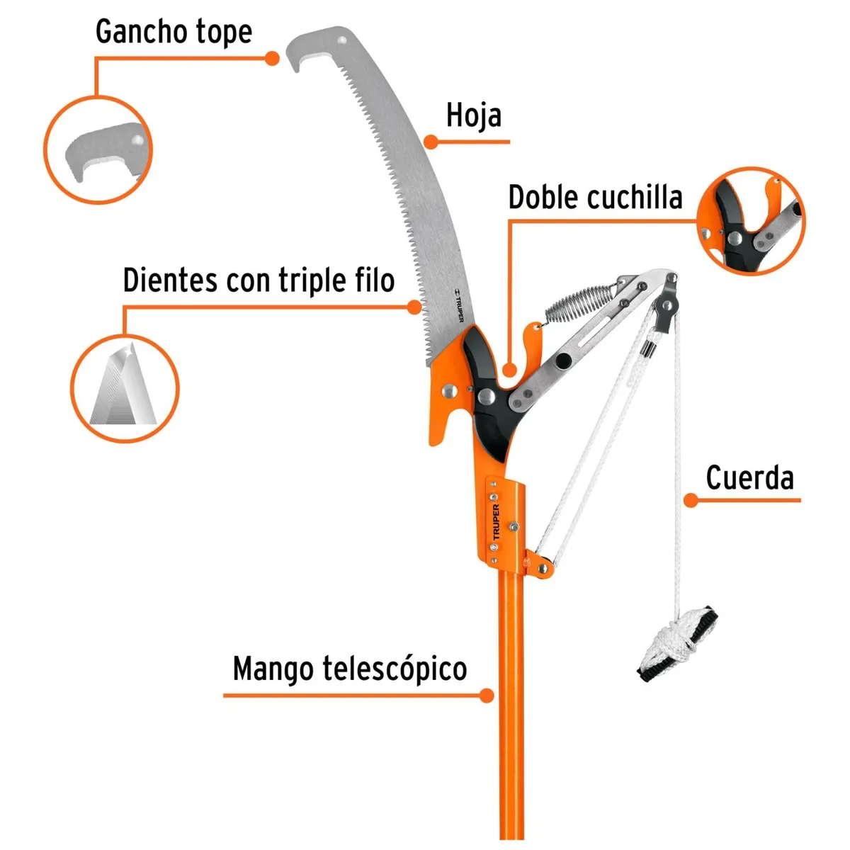 TRUPER - Cortador de ramas altas mango telescópico profesional 3.6 m Truper