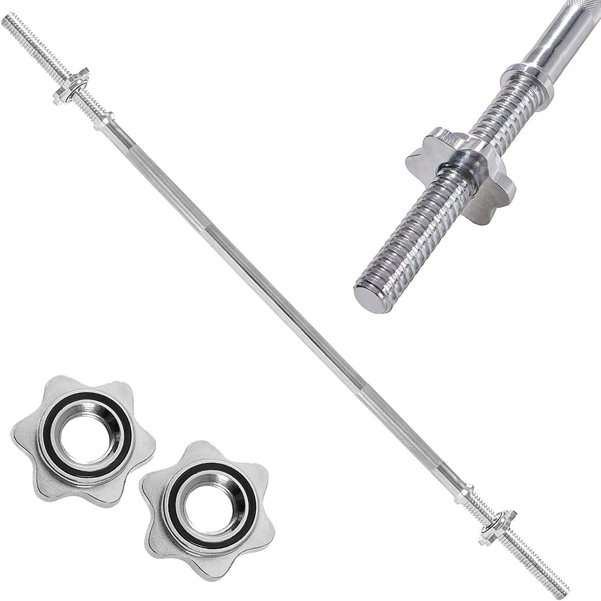 ALPHA GYM - Barra recta para pesas de 150cm + 2 seguros importados cromados