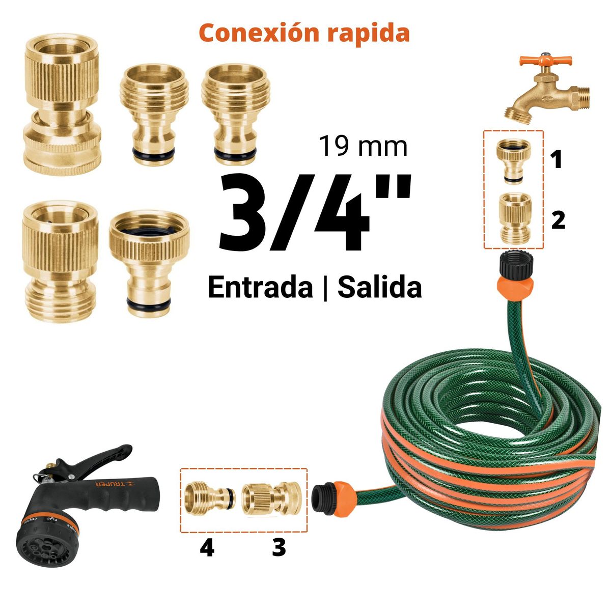 TRUPER - Juego de 5 conectores rápidos sistema click 3/4", para riego,