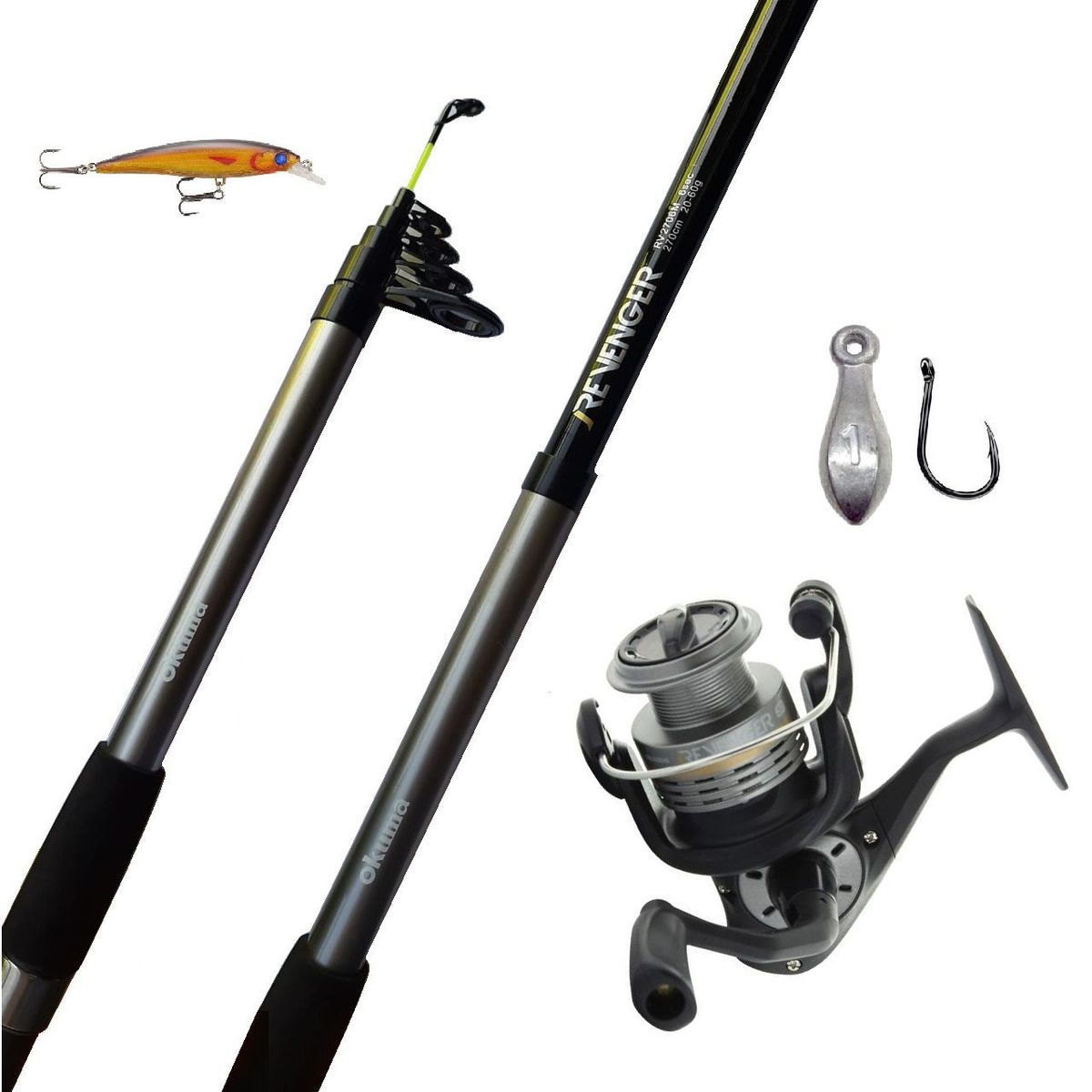 OKUMA - Combo de pesca caña telescopica 2.70 carrete 4000 y señuelo