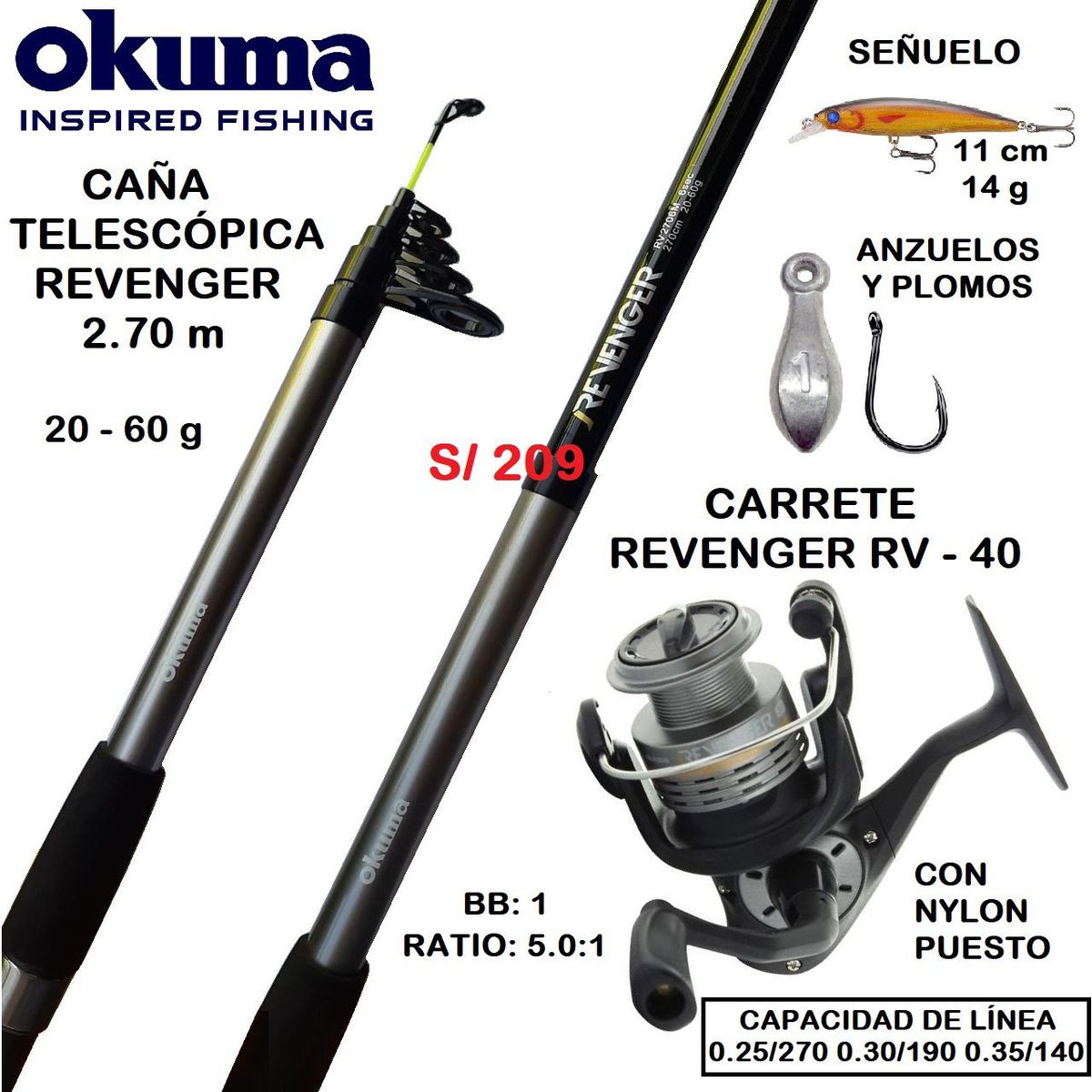 OKUMA - Combo de pesca caña telescopica 2.70 carrete 4000 y señuelo