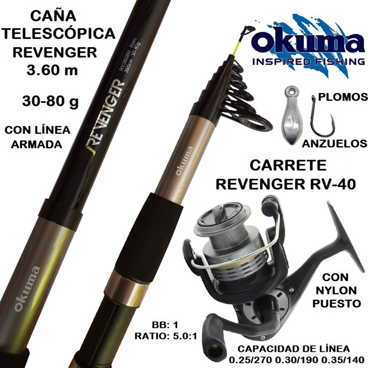 Combo de Pesca caña 3.60 m telescópica carrete 4000 nylon, marca OKUMA - Foto 2