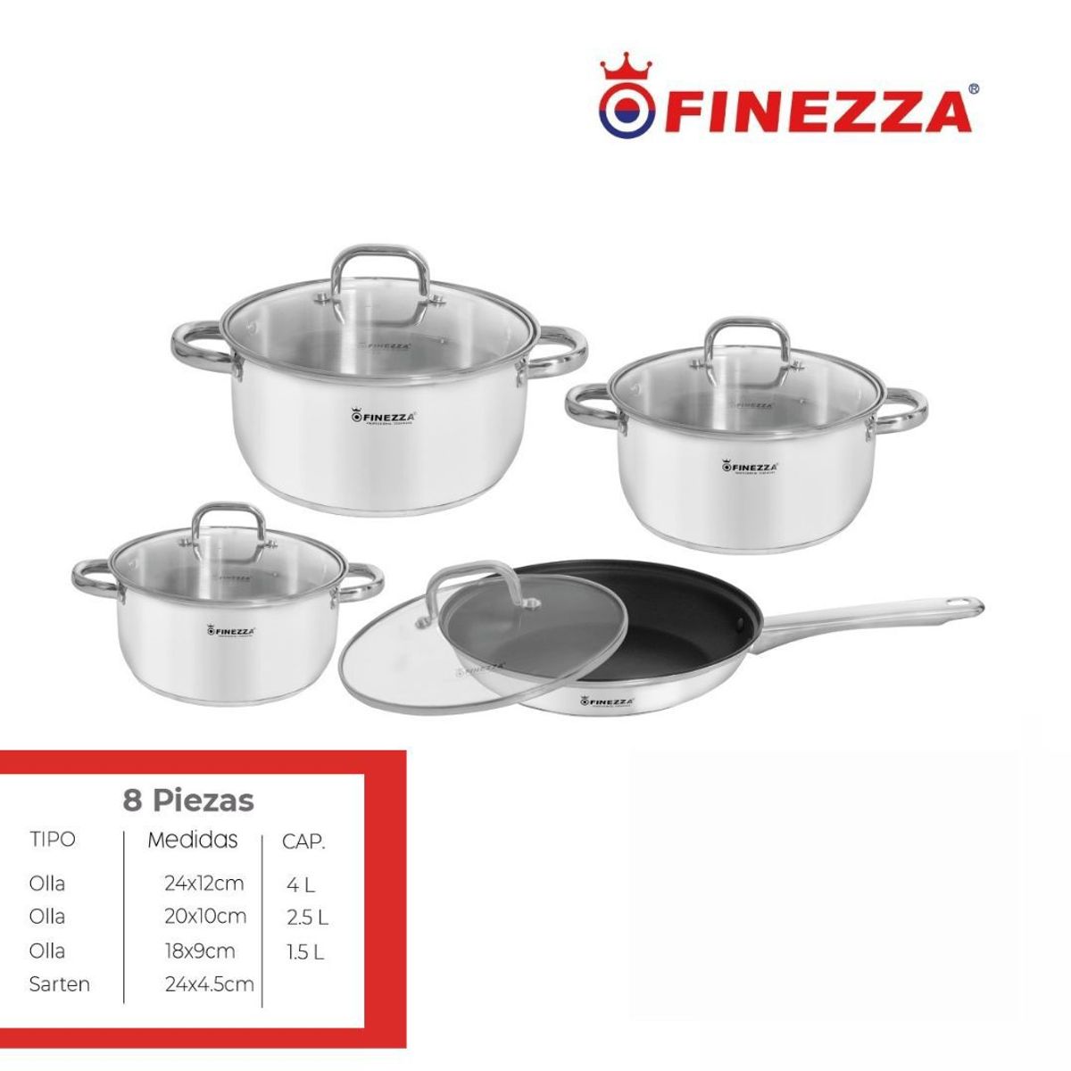 FINEZZA - JUEGO DE OLLAS DE ACERO INOXIDABLE 8 Pzas FINEZZA