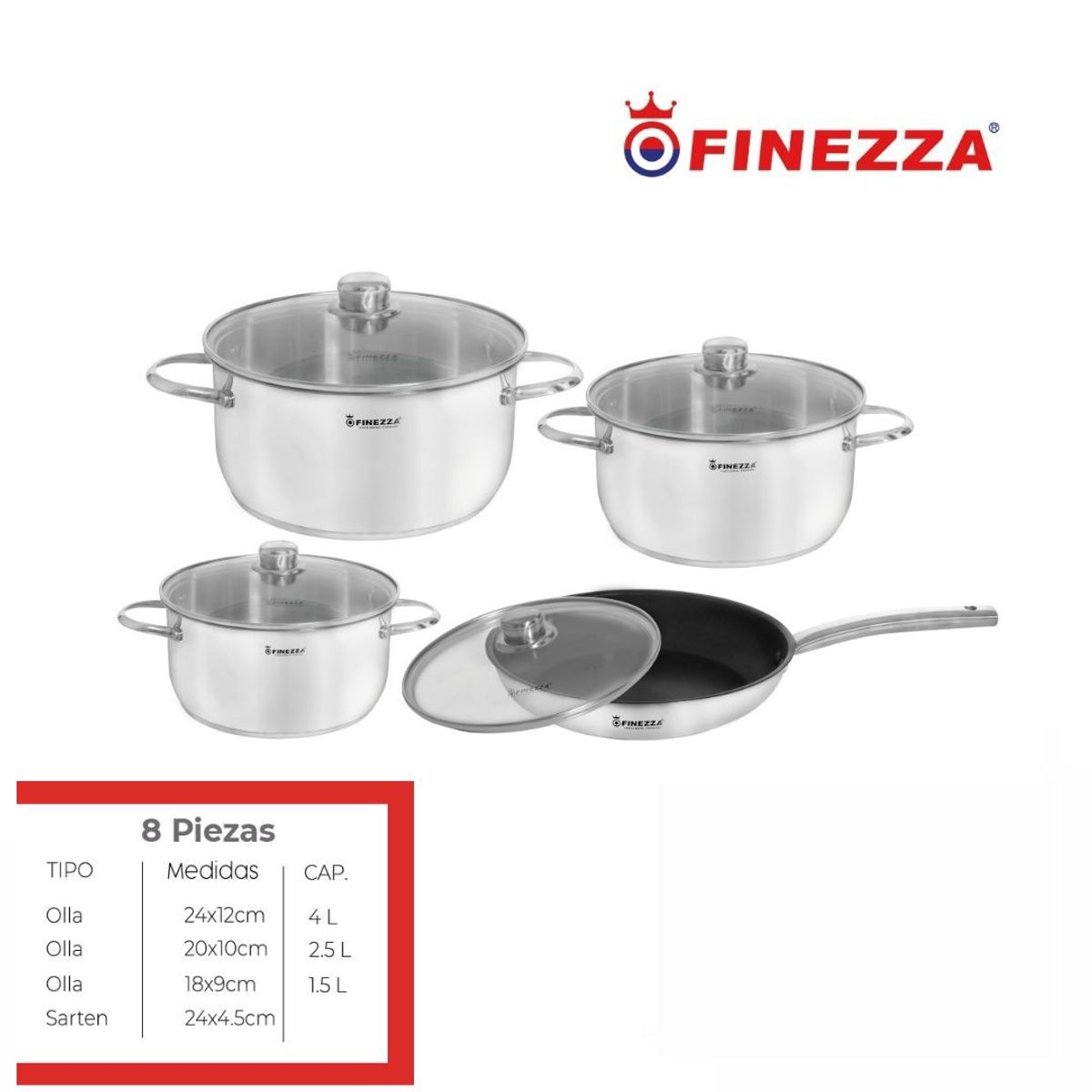FINEZZA - JUEGO DE OLLAS ACERO INOXIDABLE 8 Pzas FINEZZA